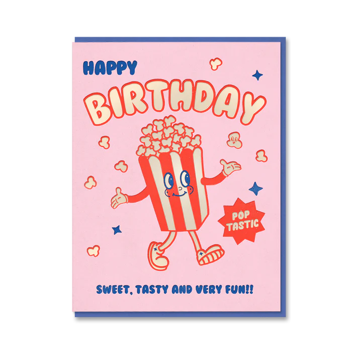 1973 card: a smiling popcorn box character, with 'Happy birthday', 'Pop-tastic' and 'Sweet, tasty and very fun!!' on pink