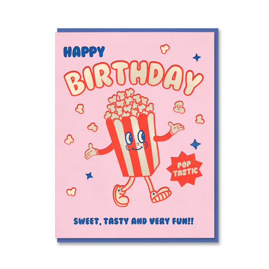 1973 card: a smiling popcorn box character, with 'Happy birthday', 'Pop-tastic' and 'Sweet, tasty and very fun!!' on pink