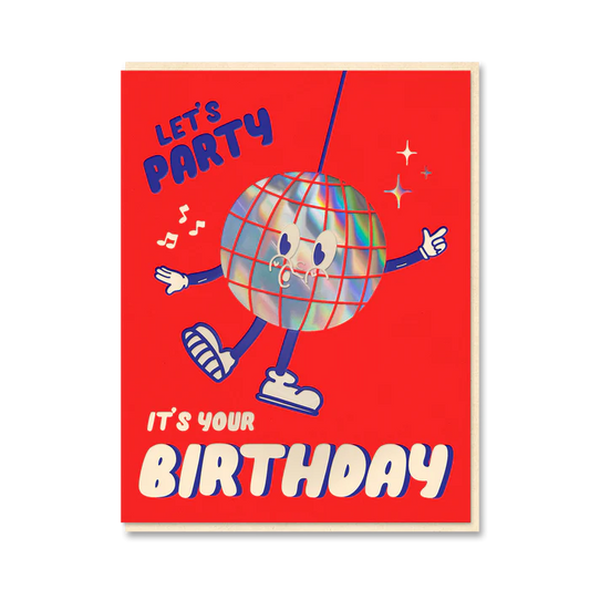 Red card with a disco ball character: Let's party, it's your birthday, with the card on black