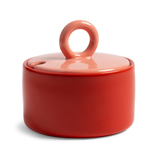 &K red sugar pot with a pink ring handle lid