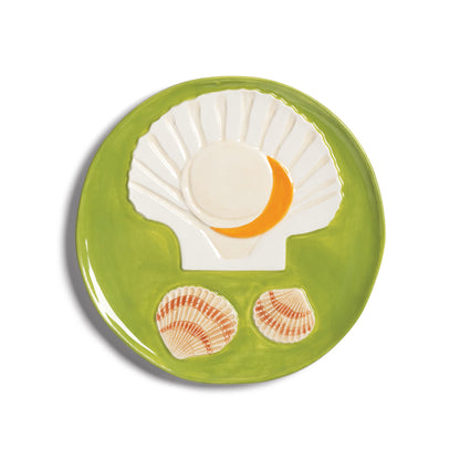 &K green plate shaped with a raised scallop shell and two smaller shells