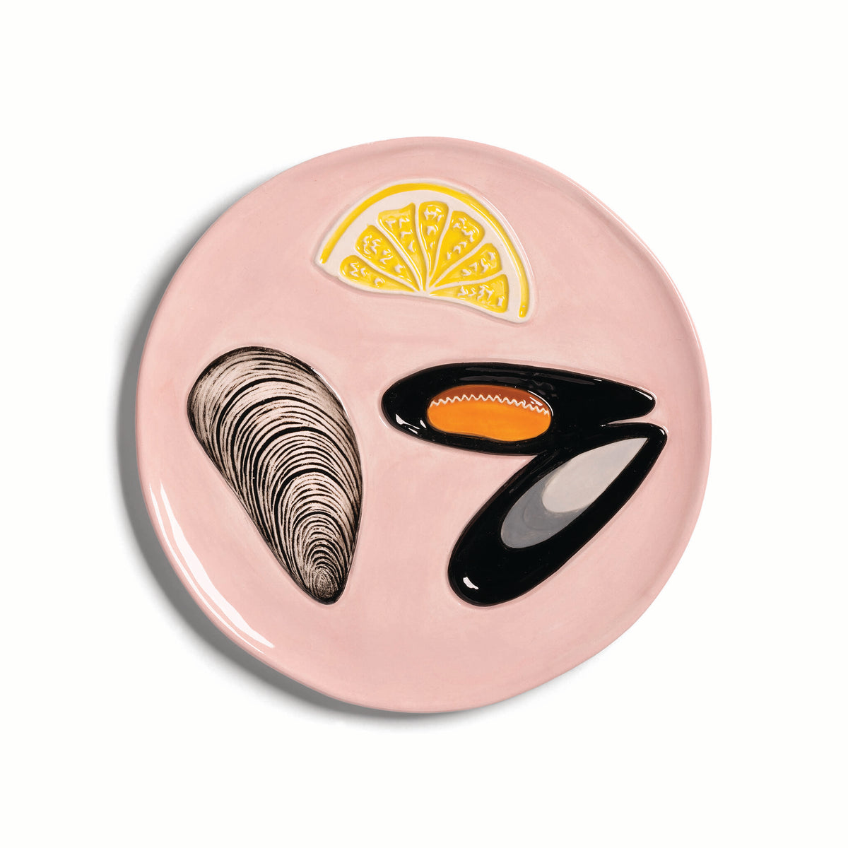 Pink plate painted with two mussels and a lemon slice