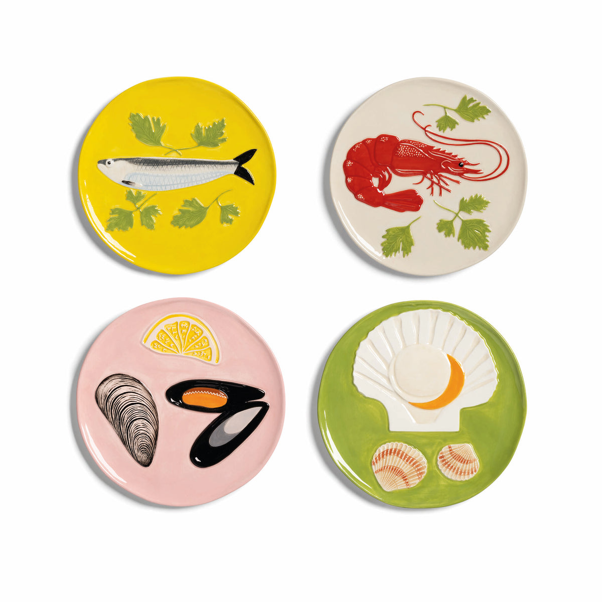 Set of &K seafood plates: sardine, prawn, mussels and scallop