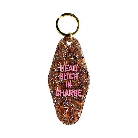 Copper glitter motel-style key tag: Head bitch in charge
