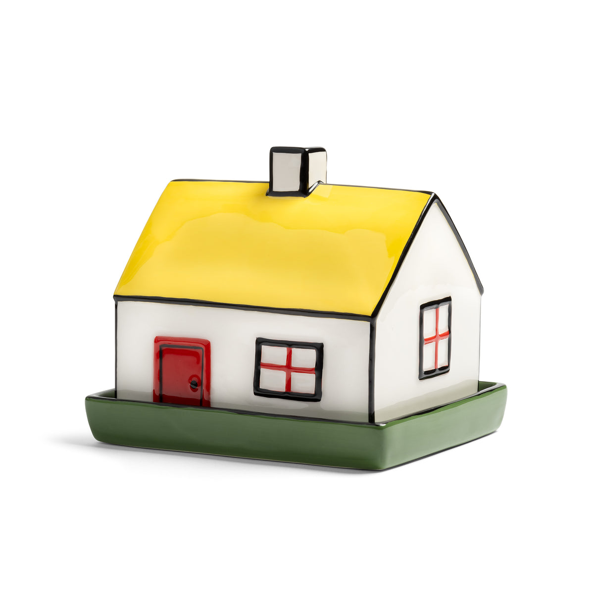 &K Haines house butter dish: a white house with a yellow roof on a green base
