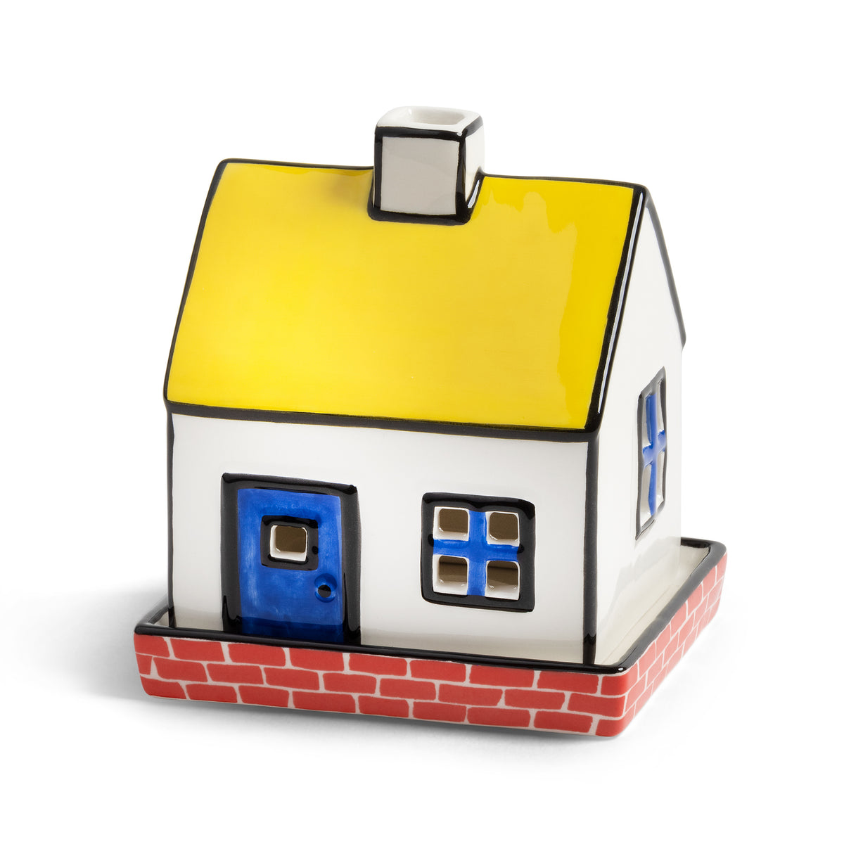 &K tealight cottage: a ceramic house with a yellow roof, blue door and red brick base
