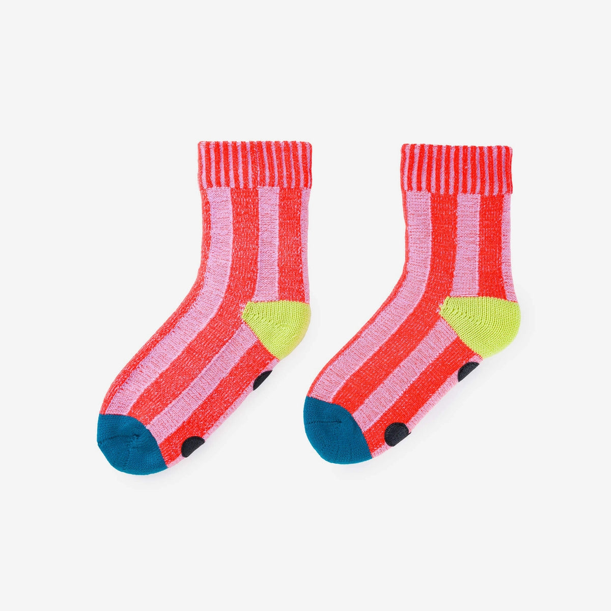 Pink and red striped house socks with teal toes and lime heels
