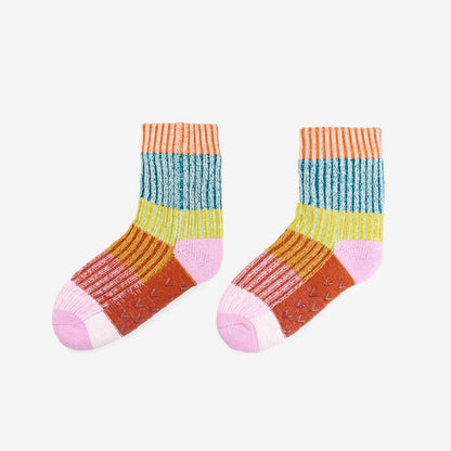 Verloop house socks, S/M, with wide stripes in rust, lilac, lime, teal and orange