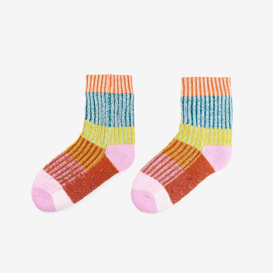Verloop house socks, S/M, with wide stripes in rust, lilac, lime, teal and orange