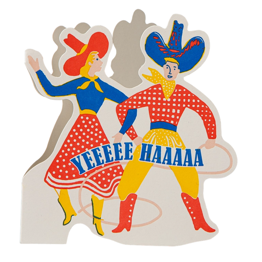 Archivist cut-out card shaped like a dancing cowboy and cowgirl, with 'Yeeeee haaaaa'