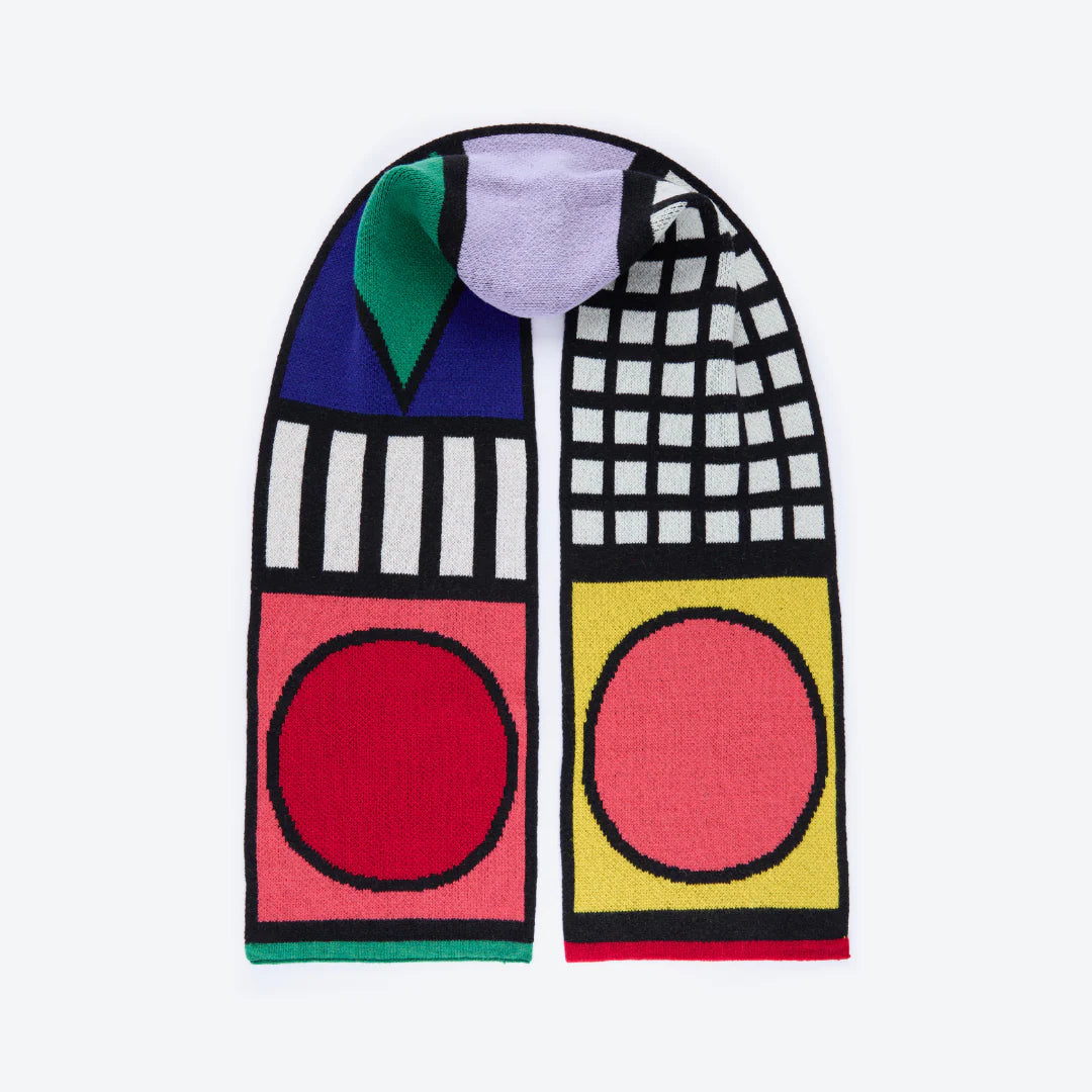 Miss Pom Pom Memphis wool scarf with bold grids, circles and colour blocks