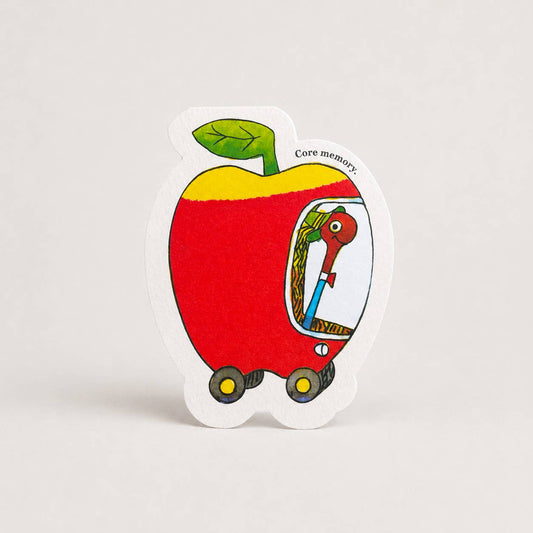 Die-cut Richard Scarry card of Lowly Worm driving an apple car: Core memory.