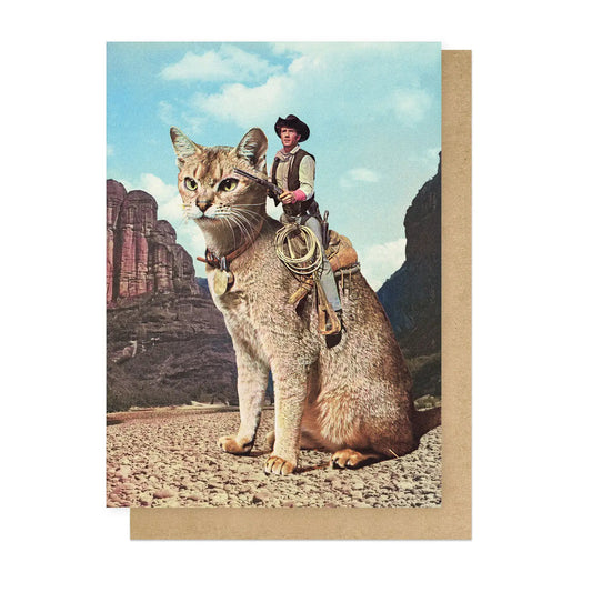 East End Prints card: a cowboy riding a giant cat in a canyon
