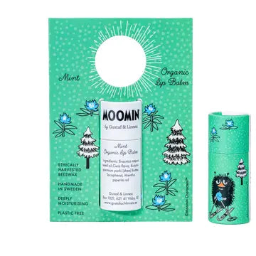 Moomin organic mint lip balm: a green tube with Stinky beside its green card