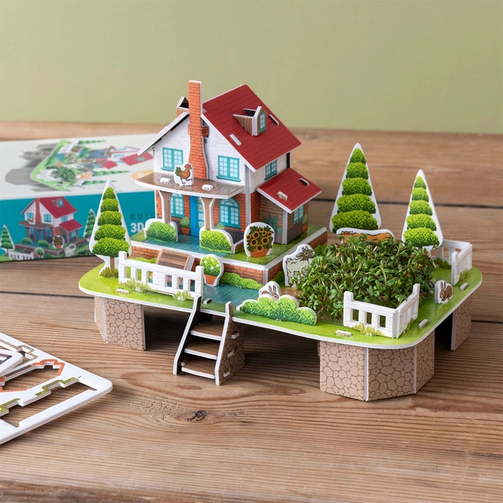 Built cress garden farmhouse with trees and fence on a wooden table