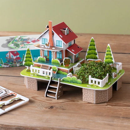 Built cress garden farmhouse with trees and fence on a wooden table