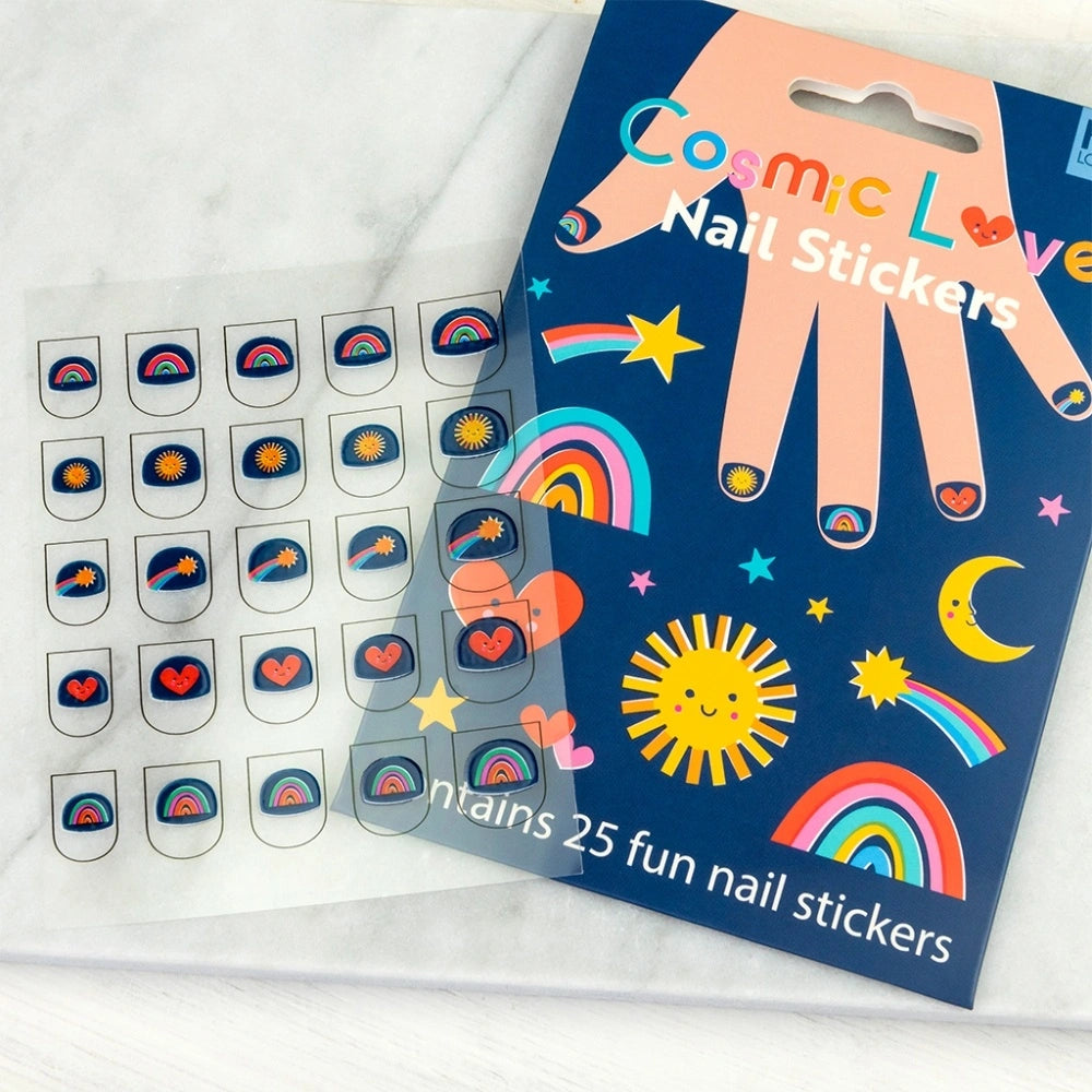 Rex Cosmic Love nail stickers pack with suns, rainbows and moons, beside the sticker sheet