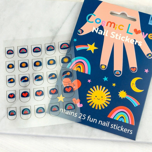 Rex Cosmic Love nail stickers pack with suns, rainbows and moons, beside the sticker sheet
