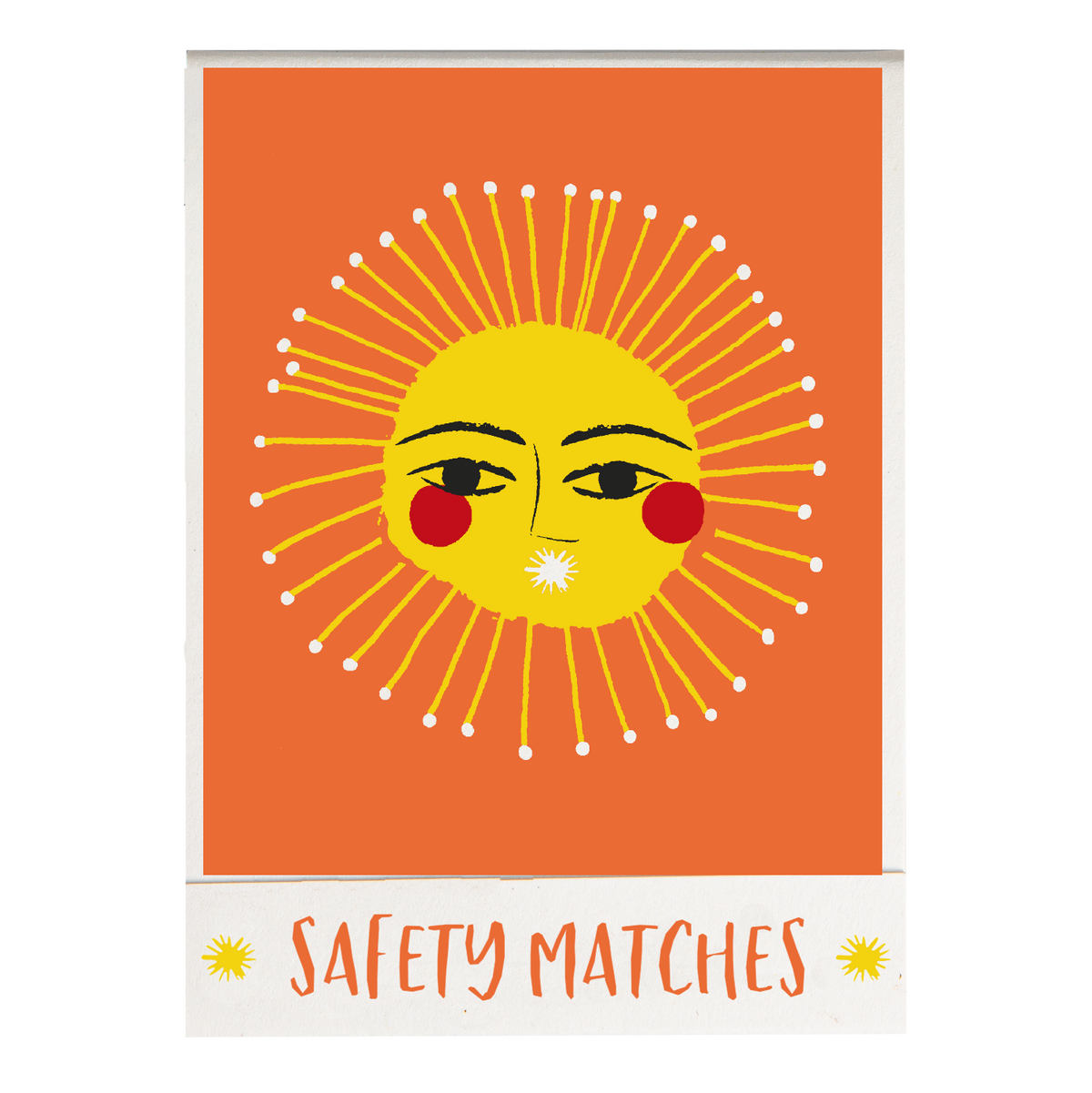 Match book cover: a smiling sun on orange: Safety matches