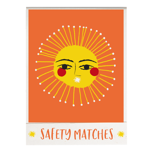 Match book cover: a smiling sun on orange: Safety matches