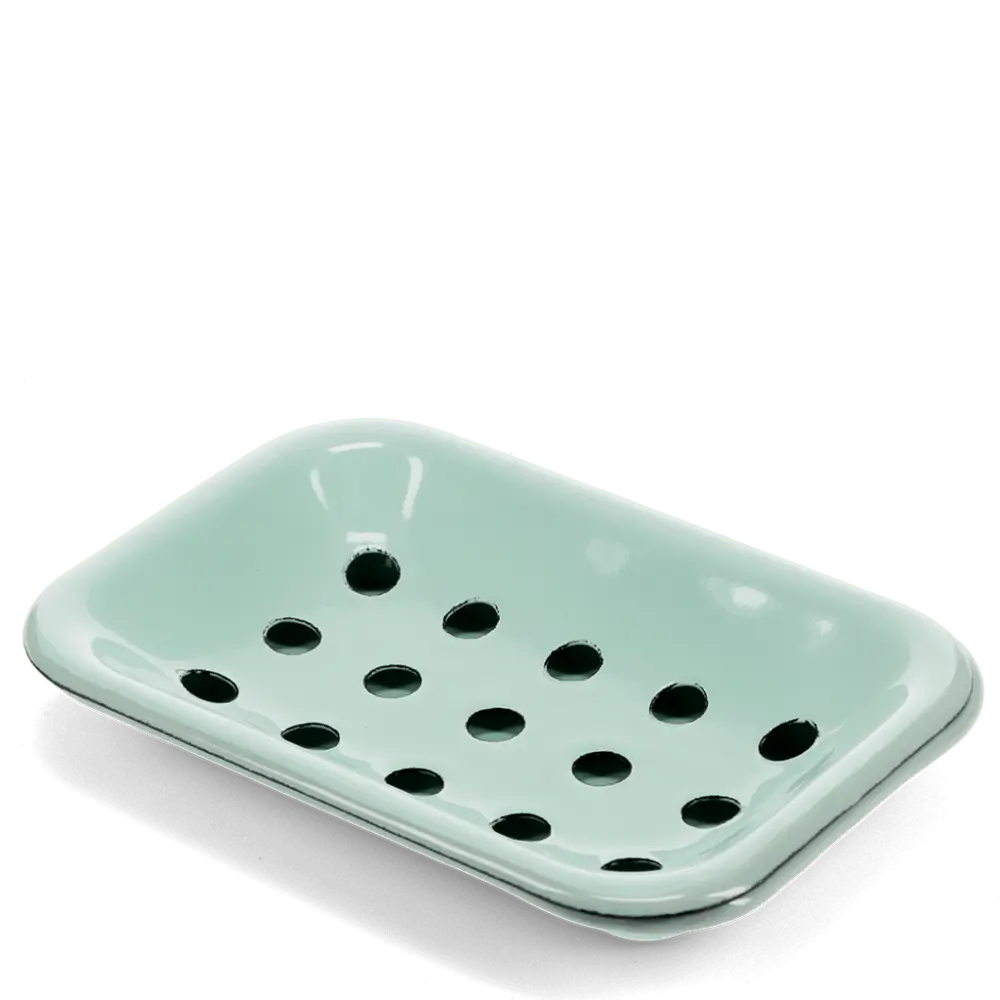 Rex turquoise enamel soap dish with a drainage tray