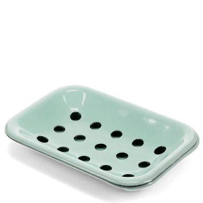 Rex turquoise enamel soap dish with a drainage tray