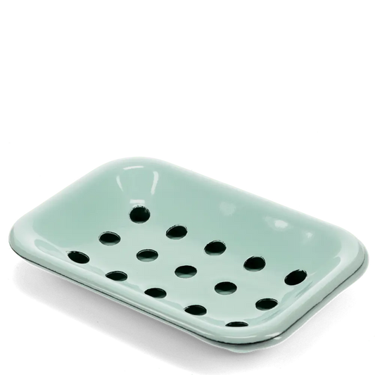 Rex turquoise enamel soap dish with a drainage tray