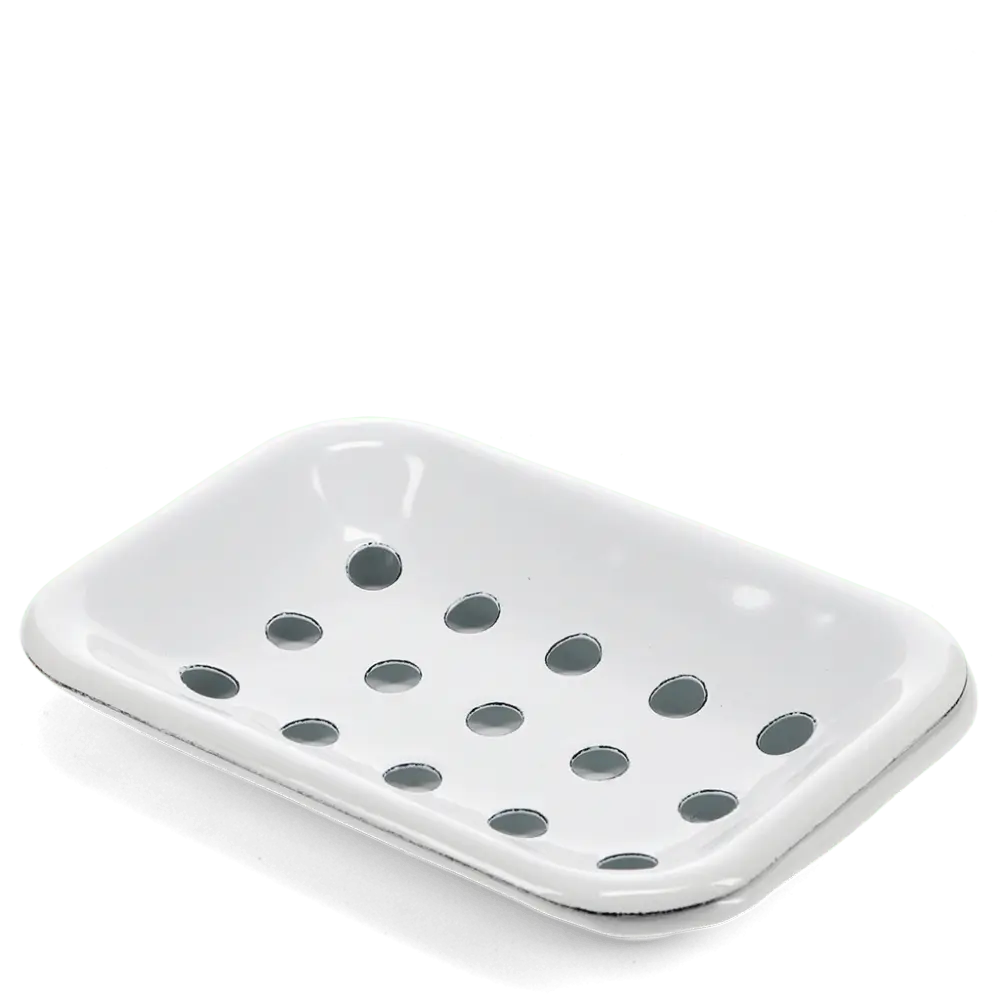 Rex white enamel soap dish with a drainage tray