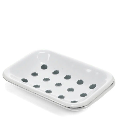 Rex white enamel soap dish with a drainage tray