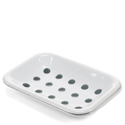 Rex white enamel soap dish with a drainage tray