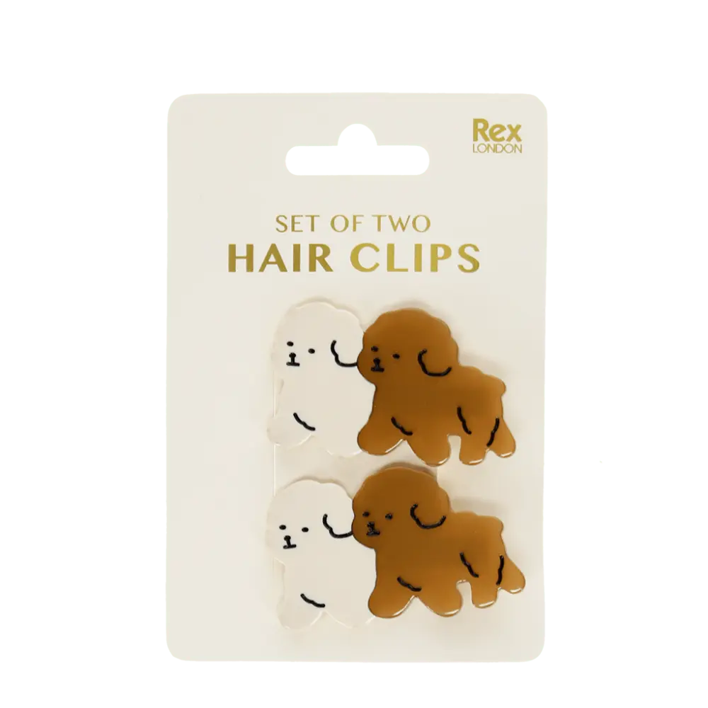 Rex set of two puppy hair clips in white and brown on their card