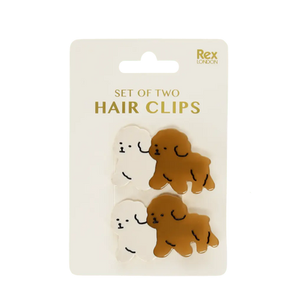 Rex set of two puppy hair clips in white and brown on their card
