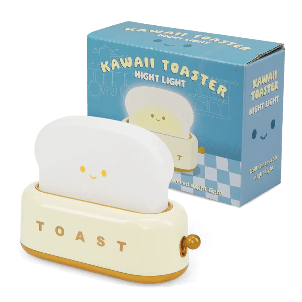 Rex Kawaii Toaster night light: a smiling bread slice in a cream toaster reading 'Toast', beside its box
