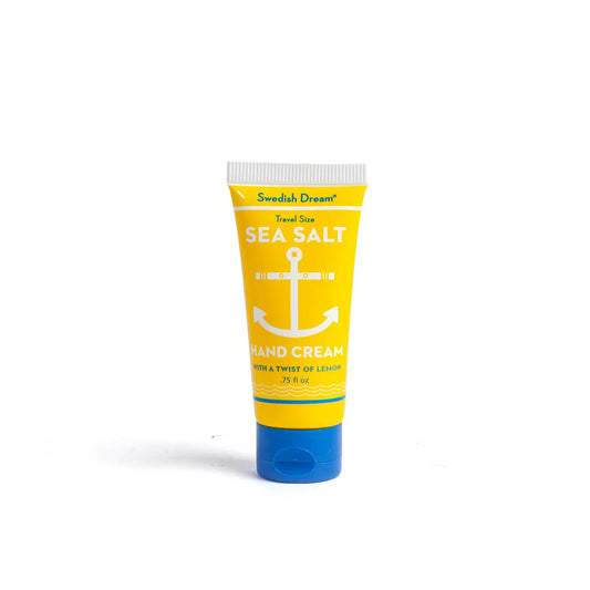 Swedish Dream travel-size sea salt hand cream in a yellow tube with an anchor
