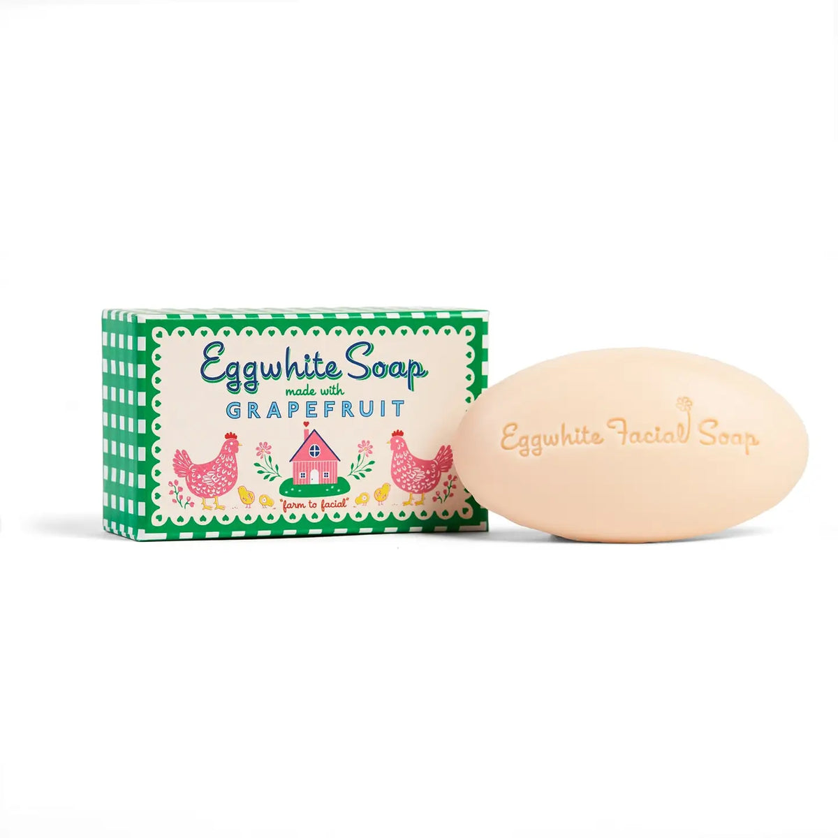 Kalastyle egg white facial soap with grapefruit beside its green gingham box with hens