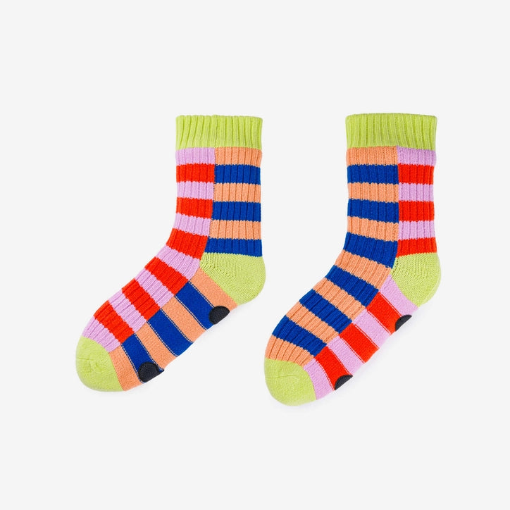 Verloop chunky knit house socks striped in peach, cobalt, red and lilac with lime cuffs, heels and toes