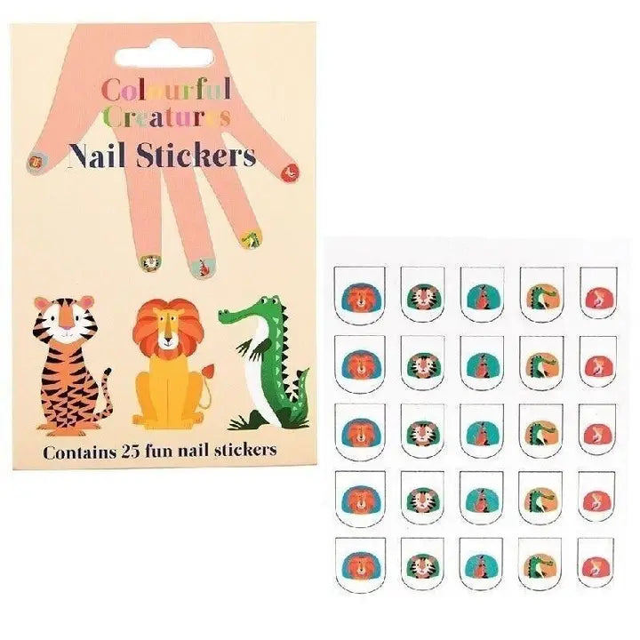 Rex Colourful Creatures nail stickers with a tiger, lion and crocodile, beside the sticker sheet