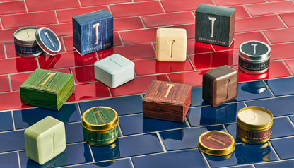 Kalastyle soaps and tins on red and blue tiles