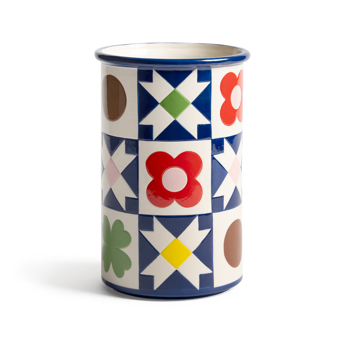 &K Patch Quilt vase with a patchwork of navy, red and green flowers and stars