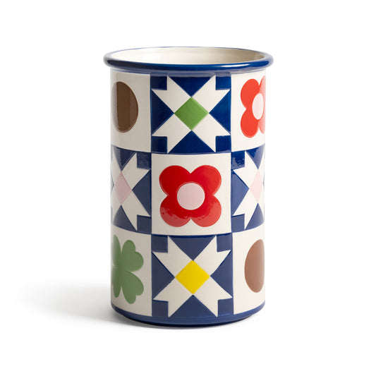 &K Patch Quilt vase with a patchwork of navy, red and green flowers and stars