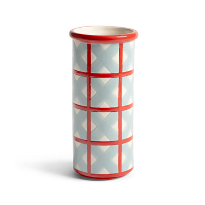 Klevering Patch Cross vase in pale blue with a red grid