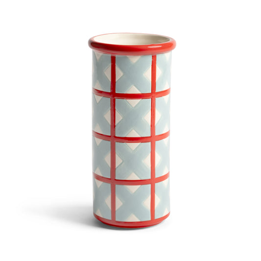 Klevering Patch Cross vase in pale blue with a red grid