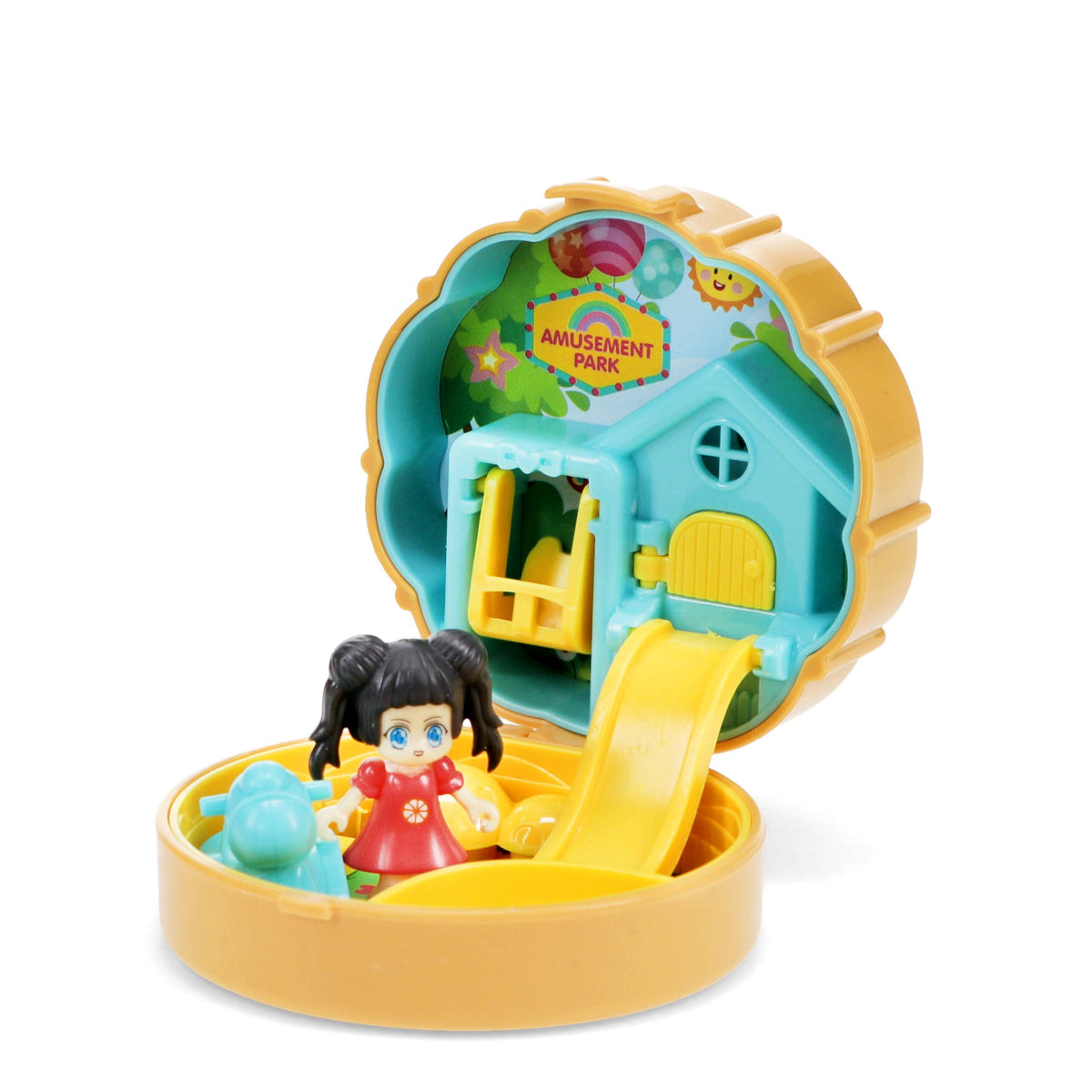 Open amusement park playset with a slide and a girl figure