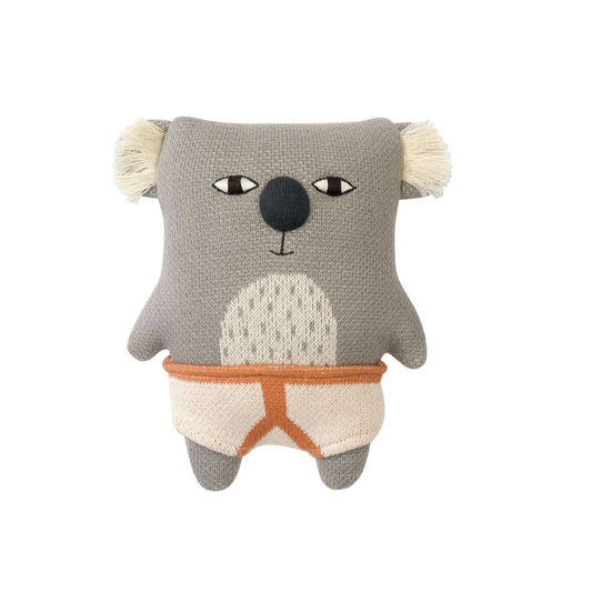 Grey knitted koala soft toy in peach pants