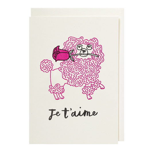 Card with a pink poodle holding a rose: Je t'aime