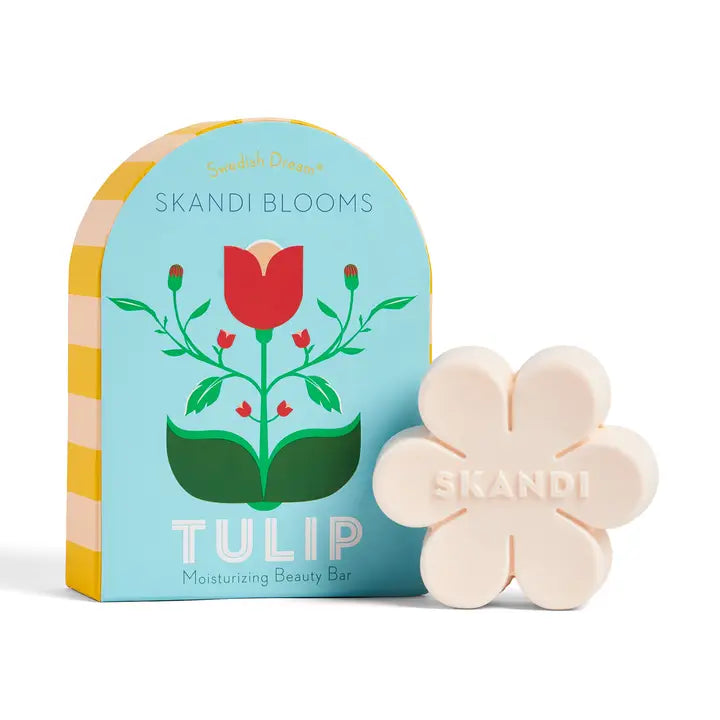 Swedish Dream Skandi Blooms tulip beauty bar: a flower-shaped soap beside its arched box