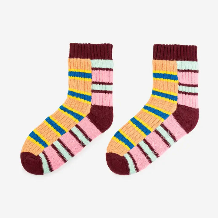 Verloop Zipper Stripe house socks, S/M, in peach, pink and blue stripes with burgundy cuffs and toes