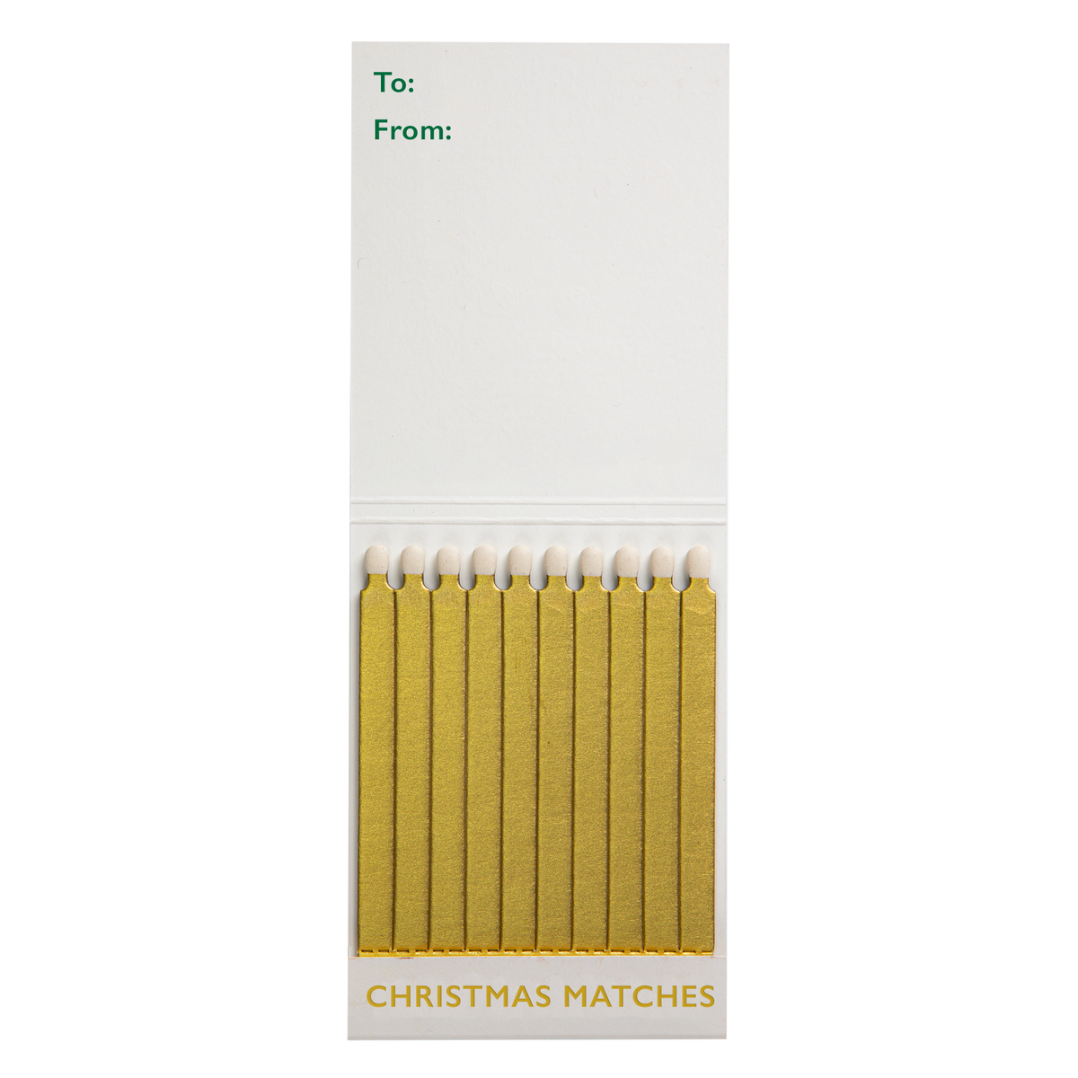 Inside the Christmas match book with gold matches and a To/From space