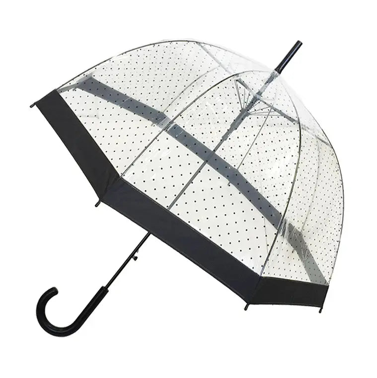 Clear dome umbrella with black polka dots and a black border