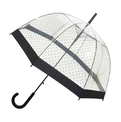 Clear dome umbrella with black polka dots and a black border